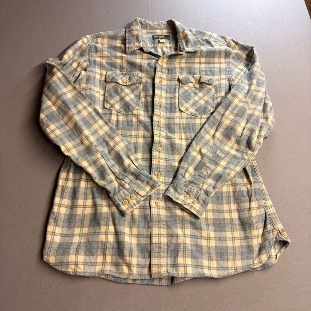 Eddie Bauer Mens Flannel Shirt XLT Blue Plaid Cotton Long Sleeve Button Down